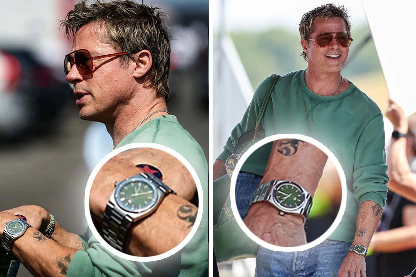 Brad Pitt wearing a green shirt and sunglasses and a IWC steel green dial watch