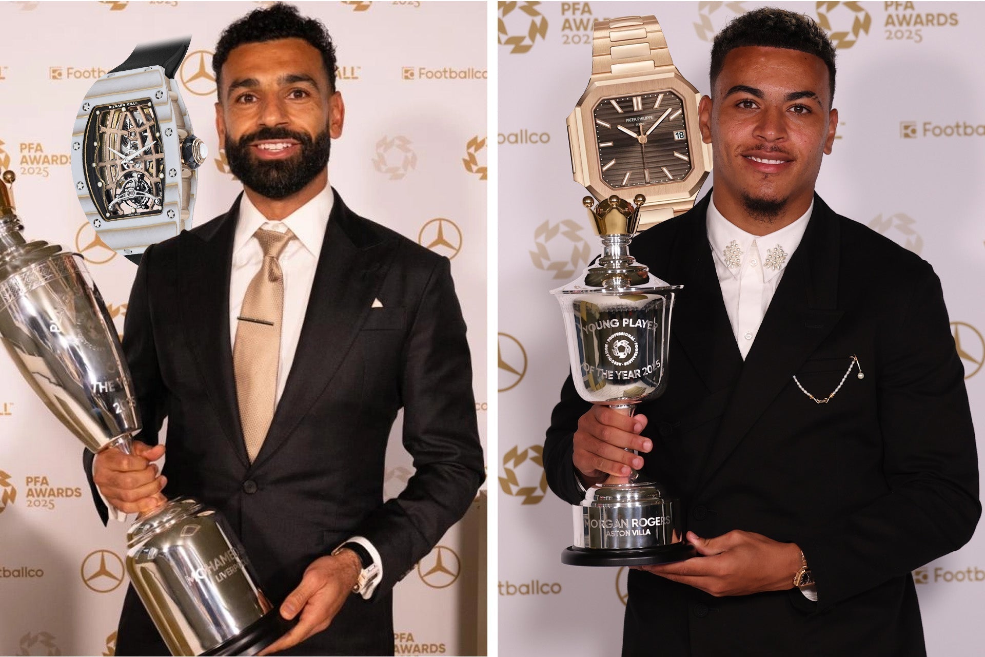 mohammed-salah-and-morgan-rogers-holding-their-trophies-wearing-their-watches
