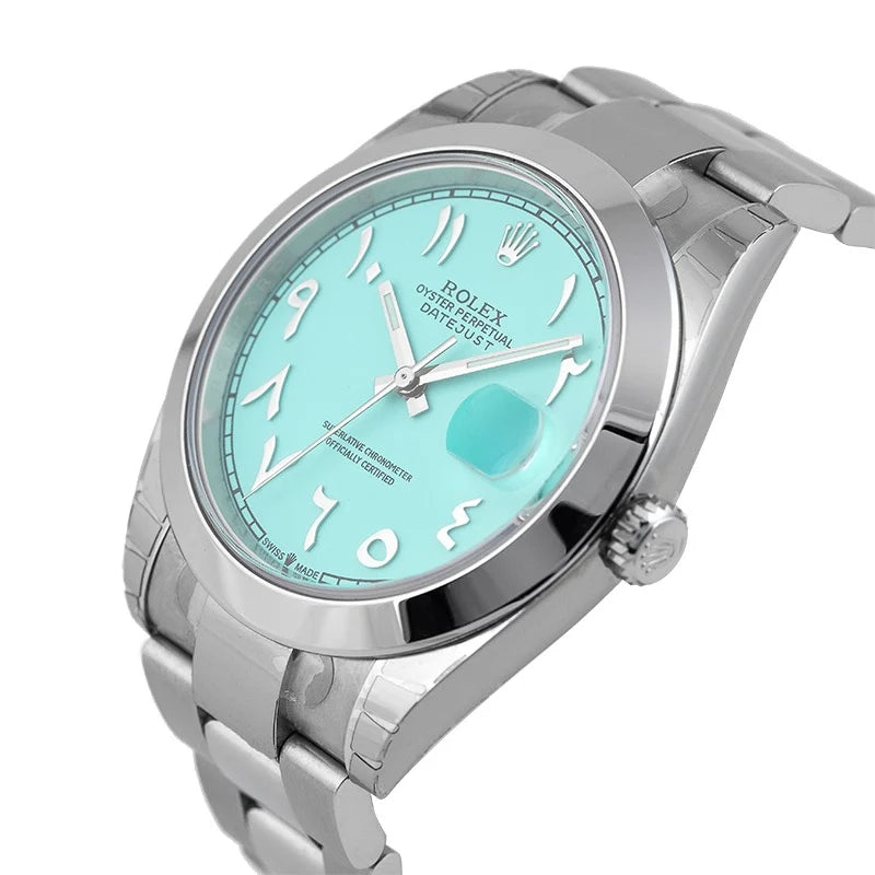 Side view of Rolex Datejust 41 126300 Steel with Custom Tiffany Blue Arabic Dial