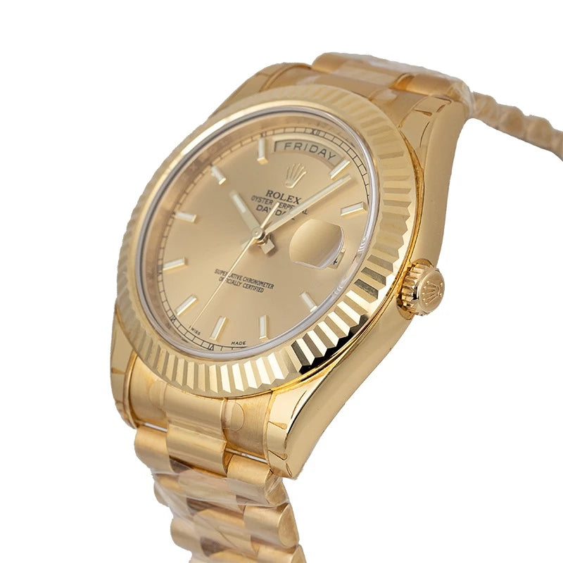 Side view of Rolex Day-Date 2 Yellow Gold Champagne Index 218238