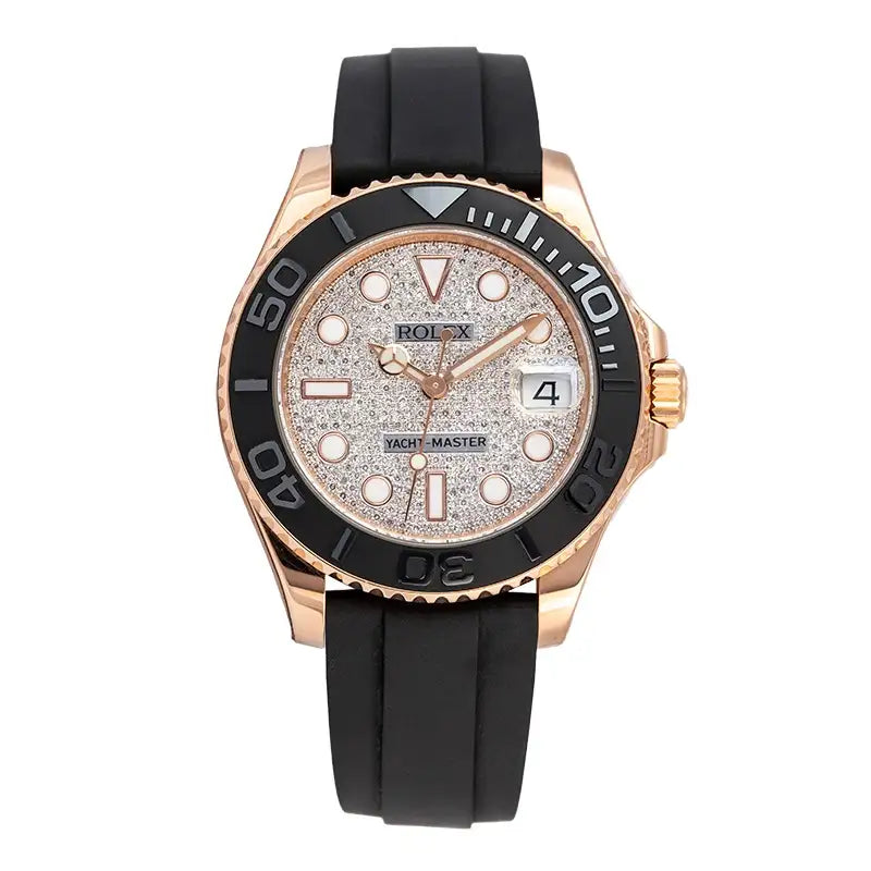 Full view of Rolex Yacht-Master 37 Rose Gold Custom Diamond Paved Dial 268655