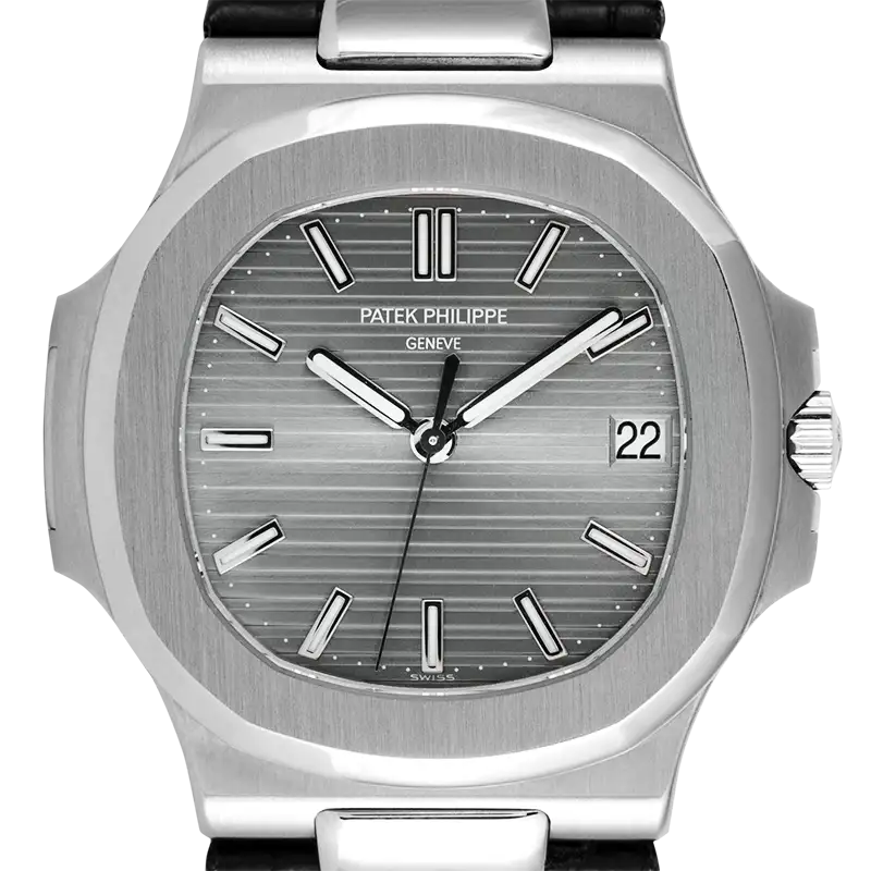 Close up - PP Nautilus 5711G-001 White Gold Black Leather Strap