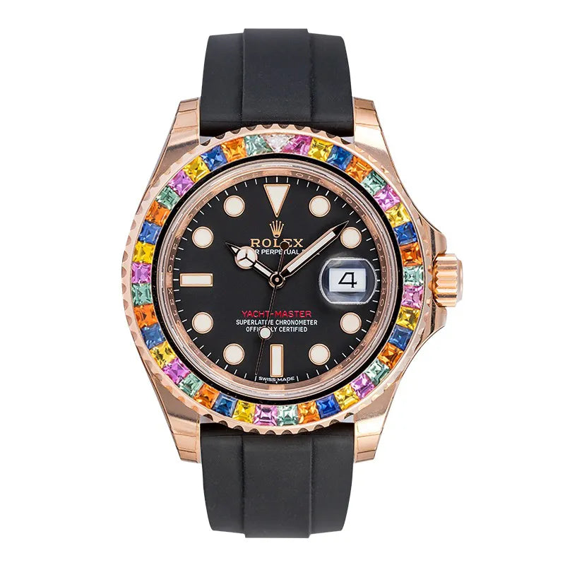 Full view of Rolex Yacht-Master 116655 Custom Tutti Frutti Gem Set Bezel