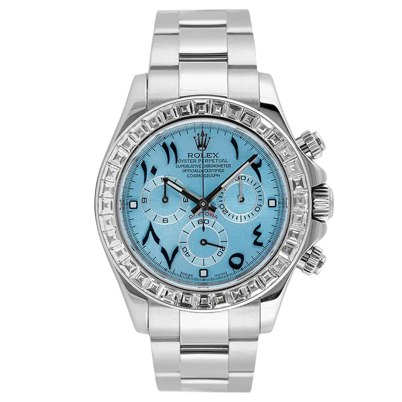 Full view of Daytona 116509 custom ice-blue dial with blue arabic indic numerals