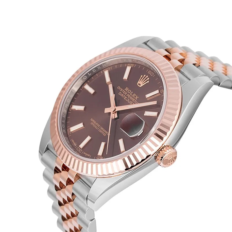 Side view of Rolex Datejust 41 18ct Everose Gold Chocolate Index Dial Jubilee 126331