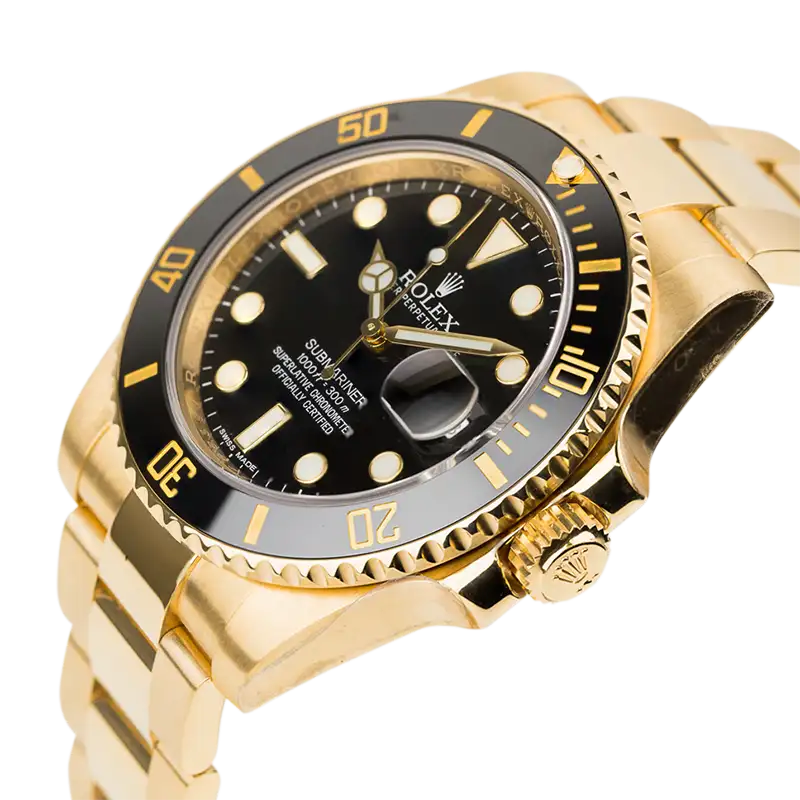 Side view of Rolex Submariner 18ct Yellow Gold Black Dial And Bezel 116618LN