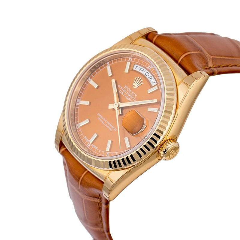 Side view of Rolex Day-Date 36 mm 18ct Yellow Gold Cognac Dial 118138