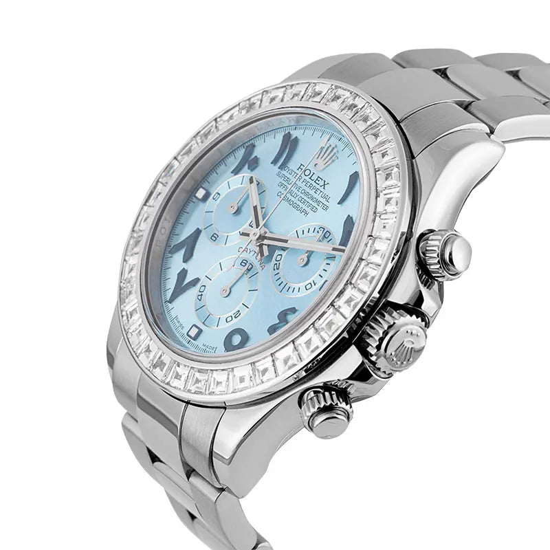 Side view of Rolex 116509 custom bezel set with baguette diamonds