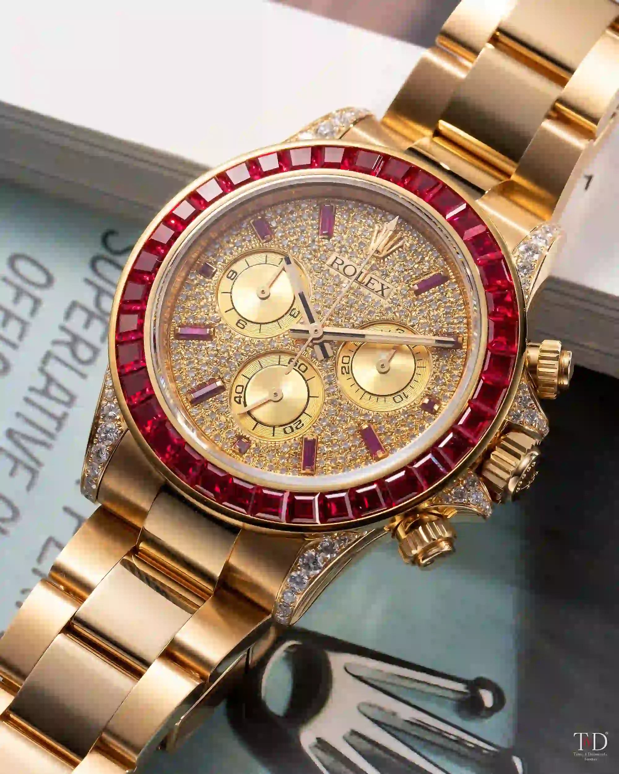 Side view - Custom Rolex Daytona 116508 Yellow Gold Ruby Diamond