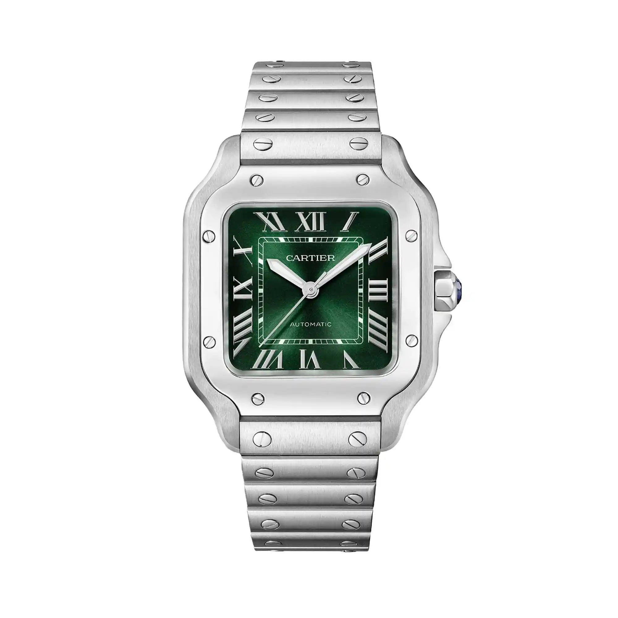 Full view of Santos De Cartier Steel Green Dial Medium Watch WSSA0061
