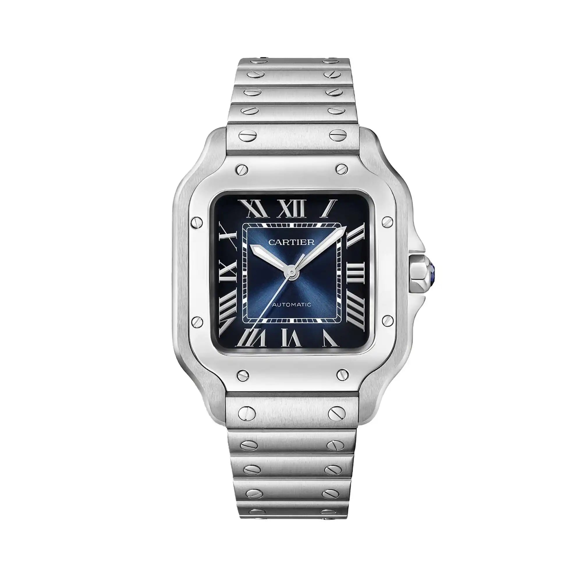 Full view of Santos De Cartier Steel Blue Dial Medium Watch WSSA0063