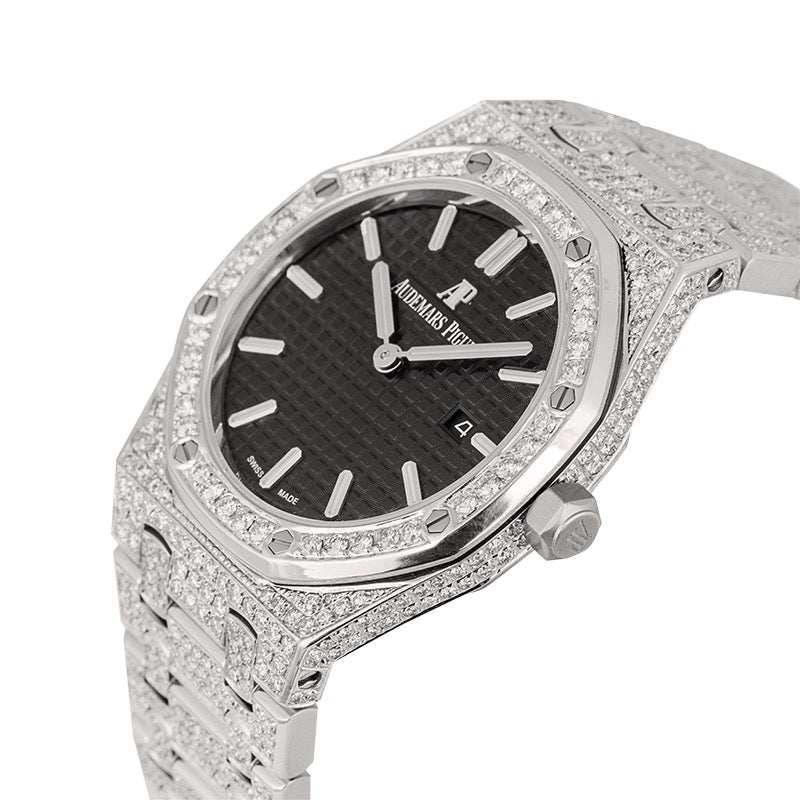 crown side of the Audemars Piguet Royal Oak 33 Quartz Custom Diamond Set with Black Dial