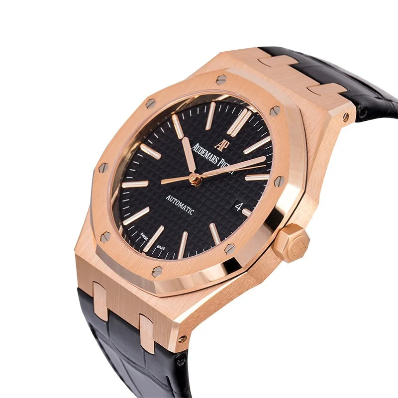 Side view of AP Royal Oak 41 Rose Gold Black Strap 15400OR.OO.D002CR.01