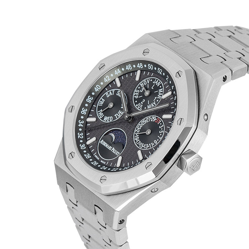 Crown side view of the Audemars Piguet Royal Oak 41mm Perpetual Calendar with Custom Grey Dial
