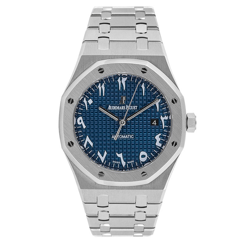 Silver watch with blue dial on a white background