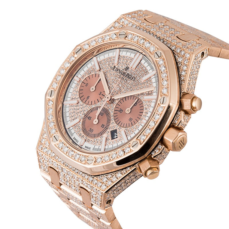 Crown side view of Audemars Piguet Royal Oak Chronograph 41mm Rose Gold Custom Diamond Set