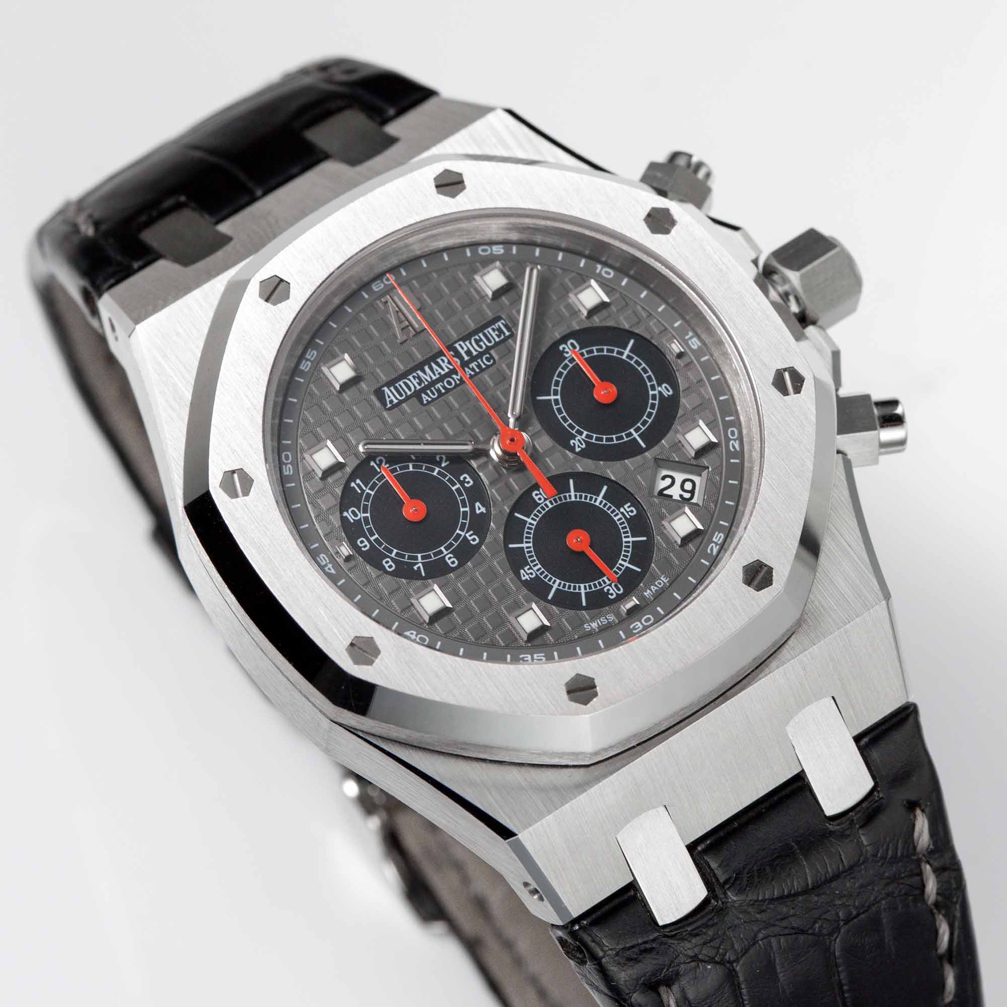 Side view of the Audemars Piguet Royal Oak Chronograph Dubail Limited Edition with black leather strap