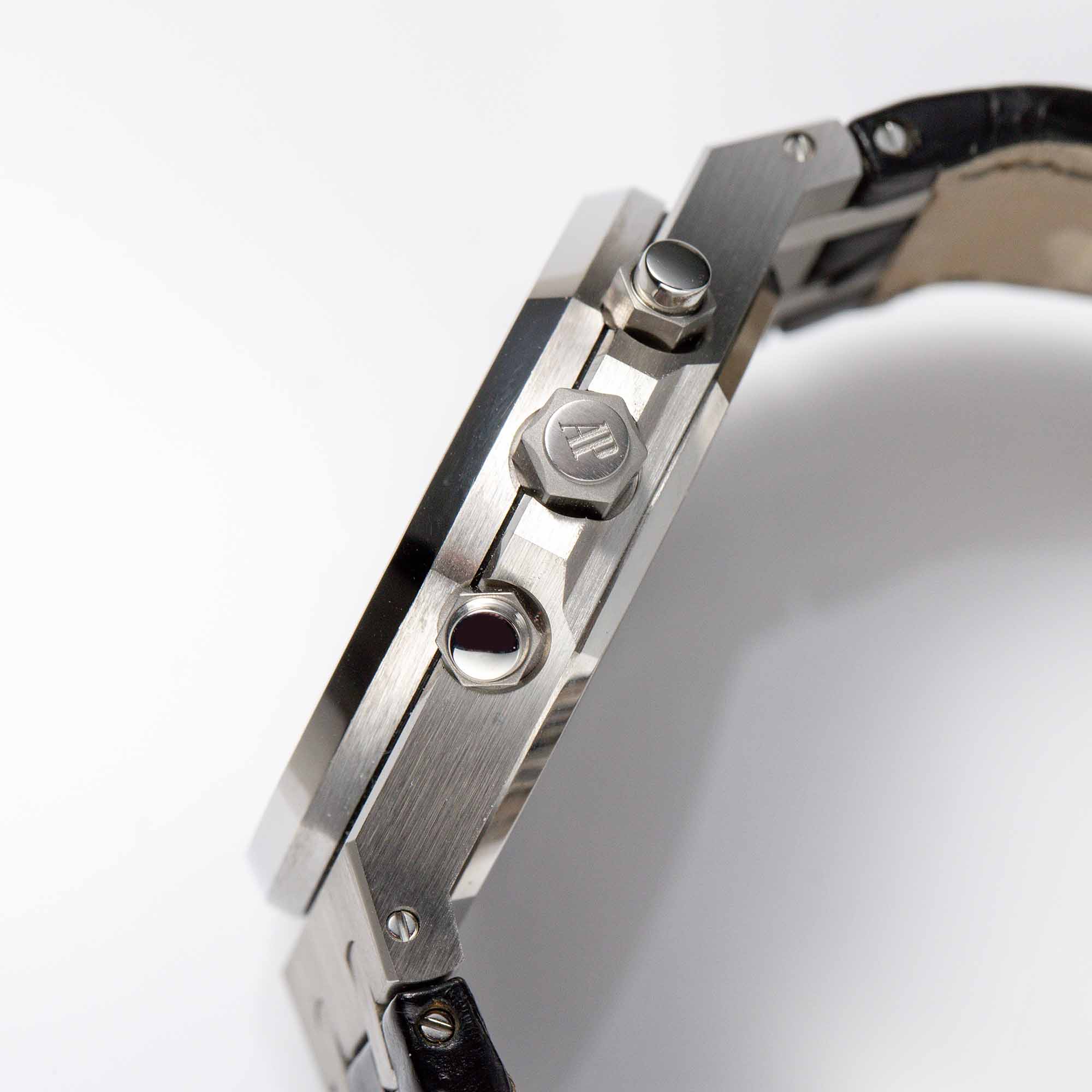 Crown side shot of Audemars Piguet Royal Oak Chronograph Dubail Limited Edition
