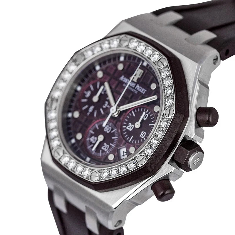 Side view of AP Royal Oak Offshore 37mm diamond bezel purple dial 26048SK.ZZ.D066CA.01