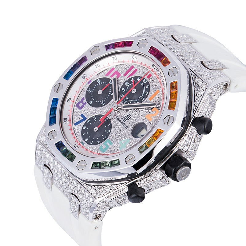 crown side view of the AP Royal Oak Offshore 42mm Custom Diamond Set with Rainbow Kit