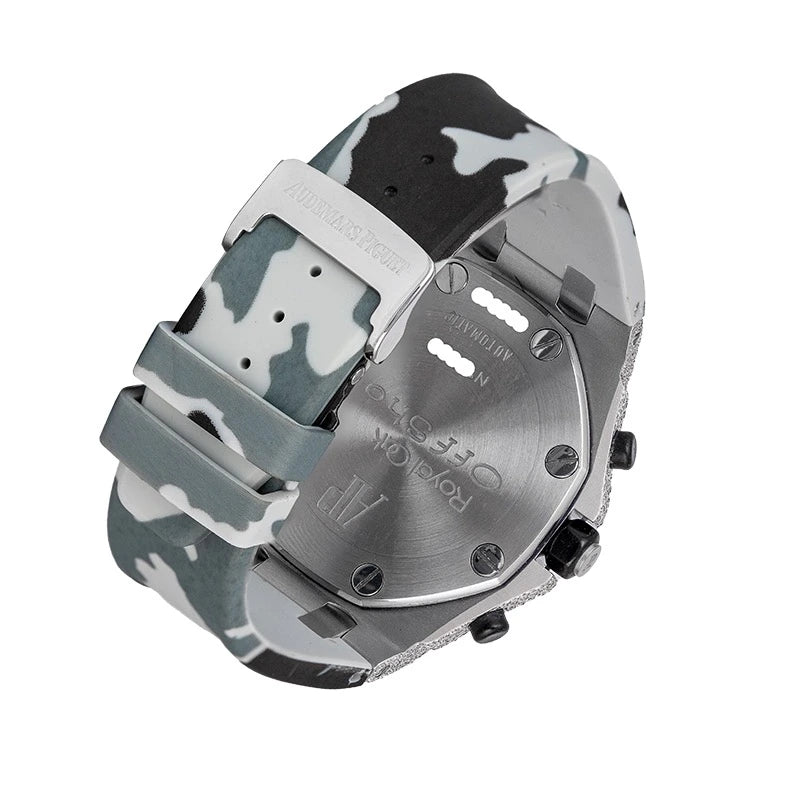 Back case view of AP Royal Oak Offshore 42mm Diamond Set Camo Strap