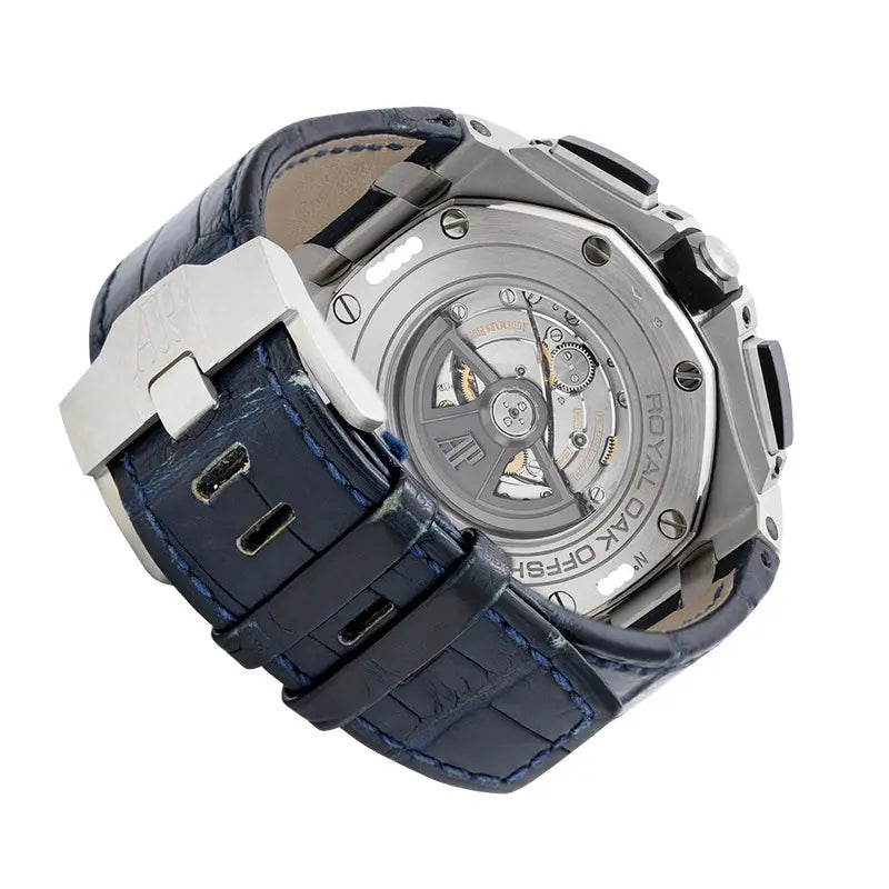 Case back and buckle view of the Audemars Piguet Royal Oak Offshore 26401PO.00.A018CR.01 in platinum with blue dial, chrono subdials, and rubber strap.