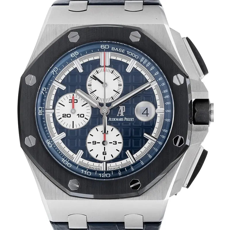 Close up of the Audemars Piguet Royal Oak Offshore 26401PO.00.A018CR.01 in platinum with blue dial, chrono subdials, and rubber strap.
