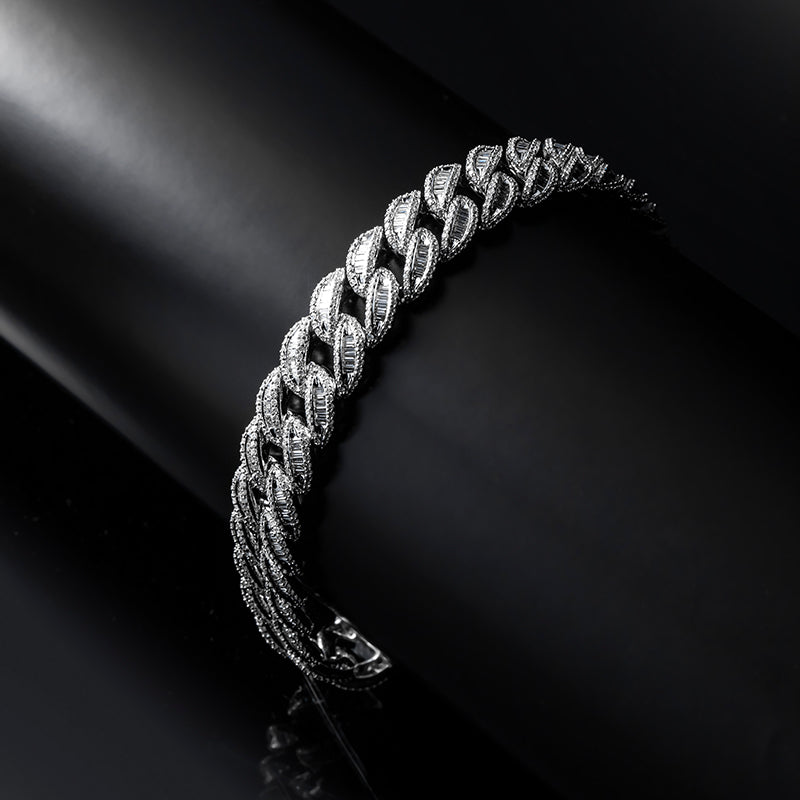 A white gold bracelet with a diamond set, featuring baguette-cut and round brilliant diamonds.