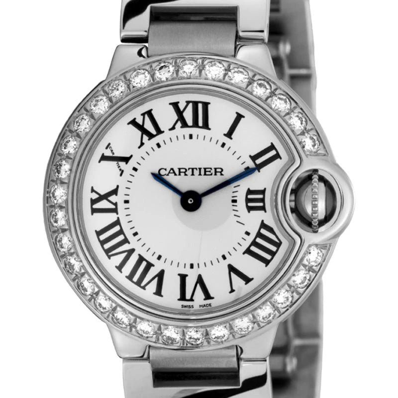 Cartier Ballon Bleu 28mm round brilliant cut diamond set bezel W69010Z4