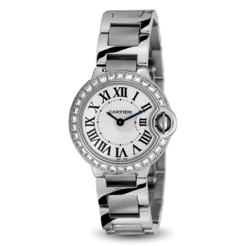 Full view of Cartier Ballon Bleu 28mm Steel Diamond Bezel W69010Z4