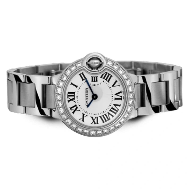 Side view of Cartier Ballon Bleu 28mm Steel Diamond Bezel W69010Z4