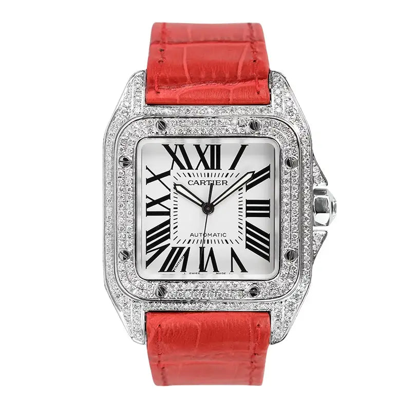 Full view - Cartier Santos 100 L Diamond Set Custom Watch Red Leather Strap W20073X8