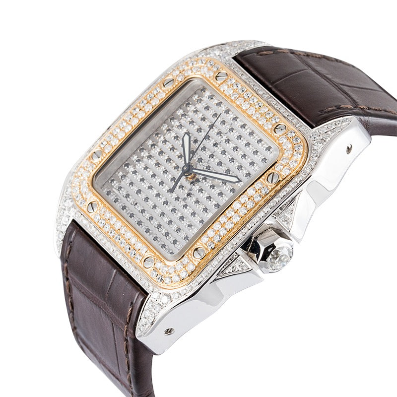 Cartier Santos 100 Large Diamond Set Watch with Gold Bezel and Leather Strap W20091X7