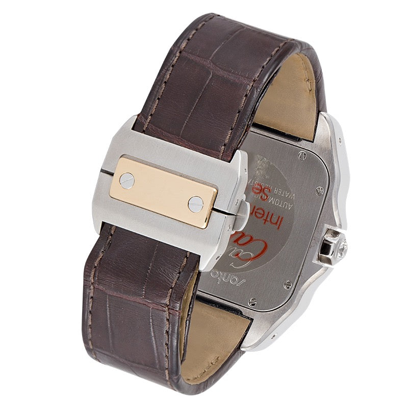 Cartier Santos 100 Large Diamond Set Watch with Gold Bezel and Leather Strap W20091X7
