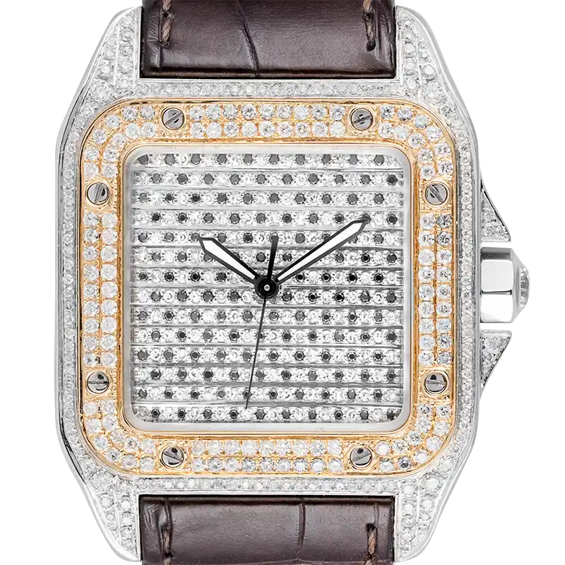 Cartier Santos 100 Large Diamond Set Watch with Gold Bezel & Leather Strap W20091X7