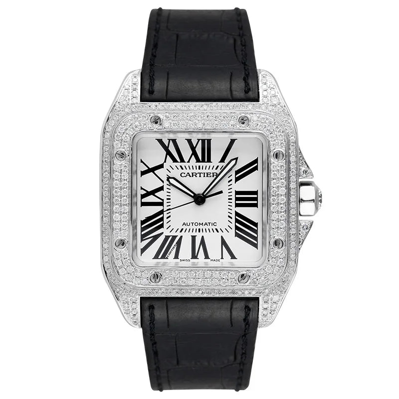 Full view of Cartier Santos 100 Large Diamond Set White Dial W20073X8