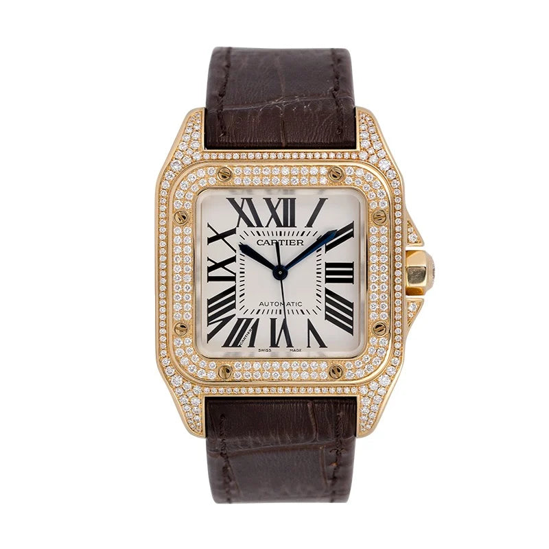 Full view of Cartier Santos 100 Midi Yellow Gold Factory Diamond Set WM502051