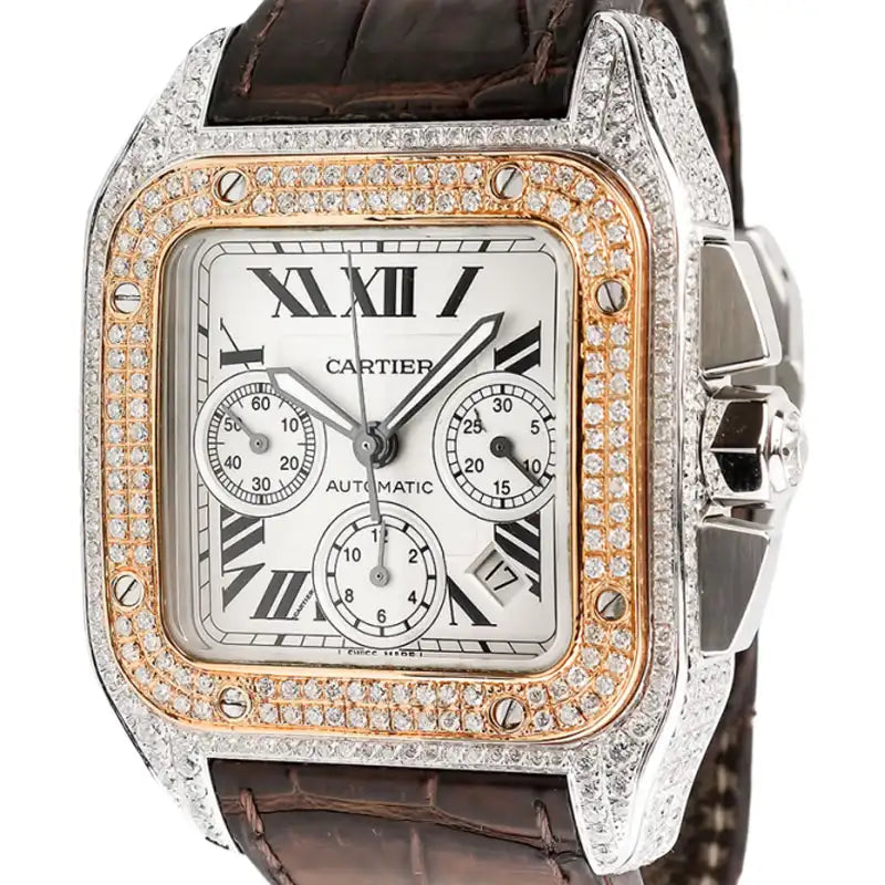 Cartier Santos 100 XL Chronograph customized gold bezel diamond set W20091X7