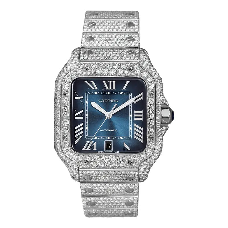 Full view of Cartier Santos WSSA0030 Custom Diamond Set Blue Dial