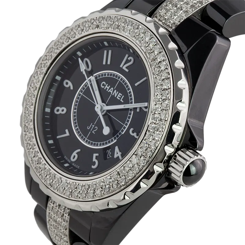Left side view of Chanel J12 33mm H0682 custom diamonds on the bezel
