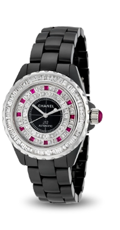 Full view - Chanel J12 38mm H0685 with a baguette diamond dial