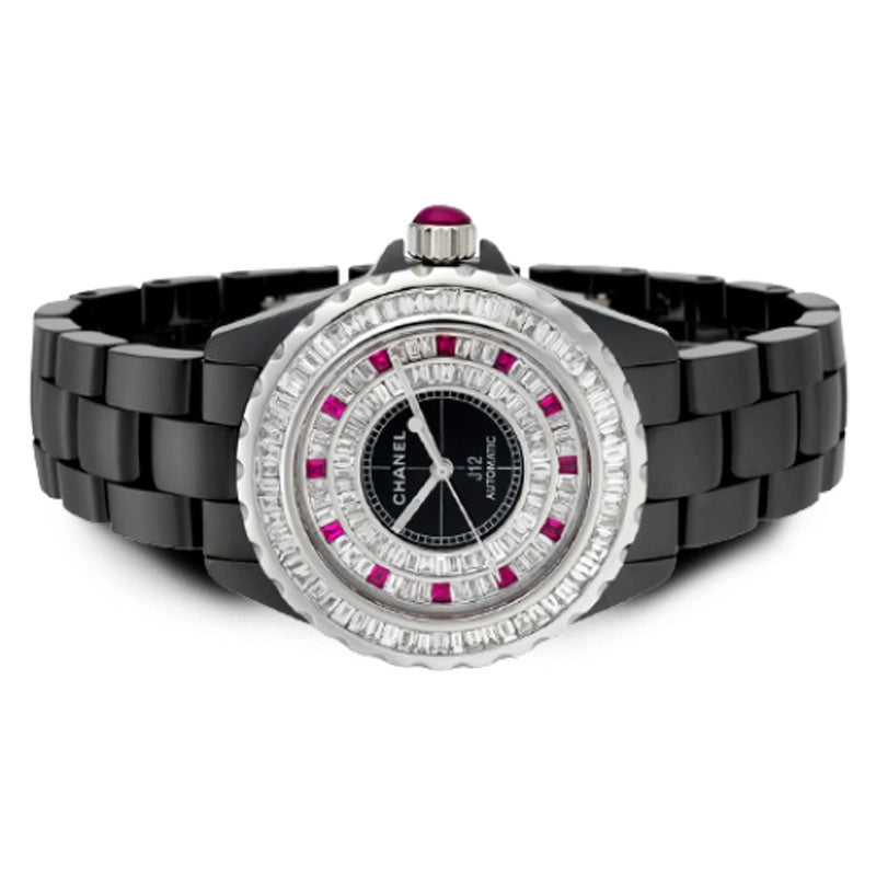 Side view of Chanel J12 38mm H0685 with a baguette diamond dial