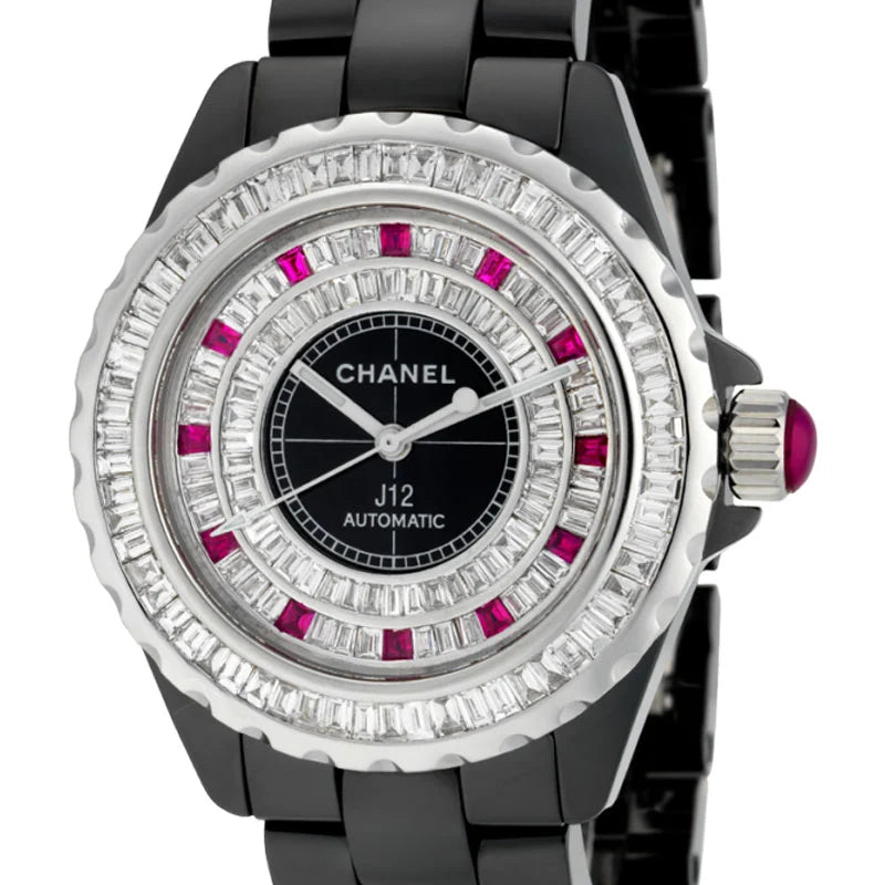 Close-Up view of Chanel J12 38mm H0685 with a baguette diamond dial