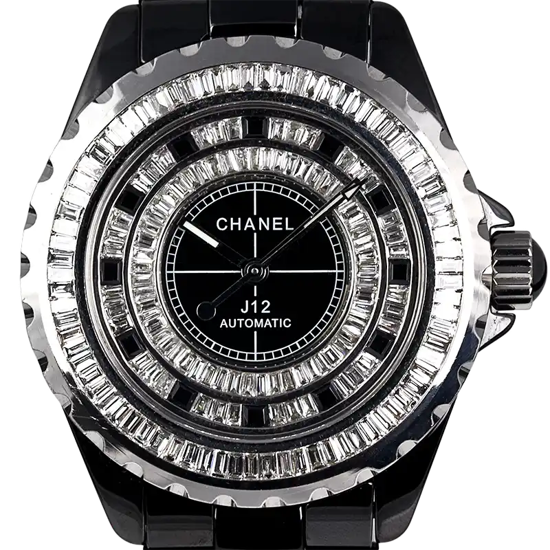 Close-UP view - Chanel J12 38mm H0685 stunning baguette diamond bezel & dial