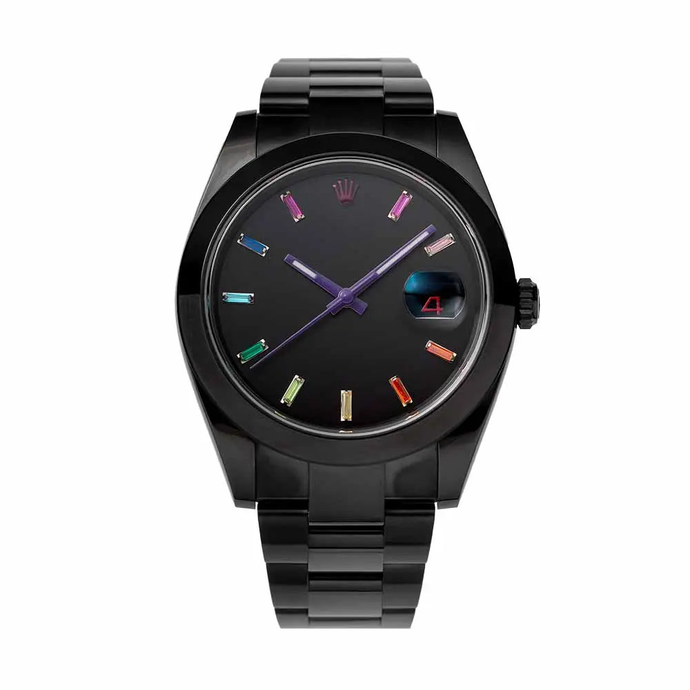 Full view of the Custom Black DLC Rolex Datejust 41 with black dial and Rainbow numerals ref. 126300