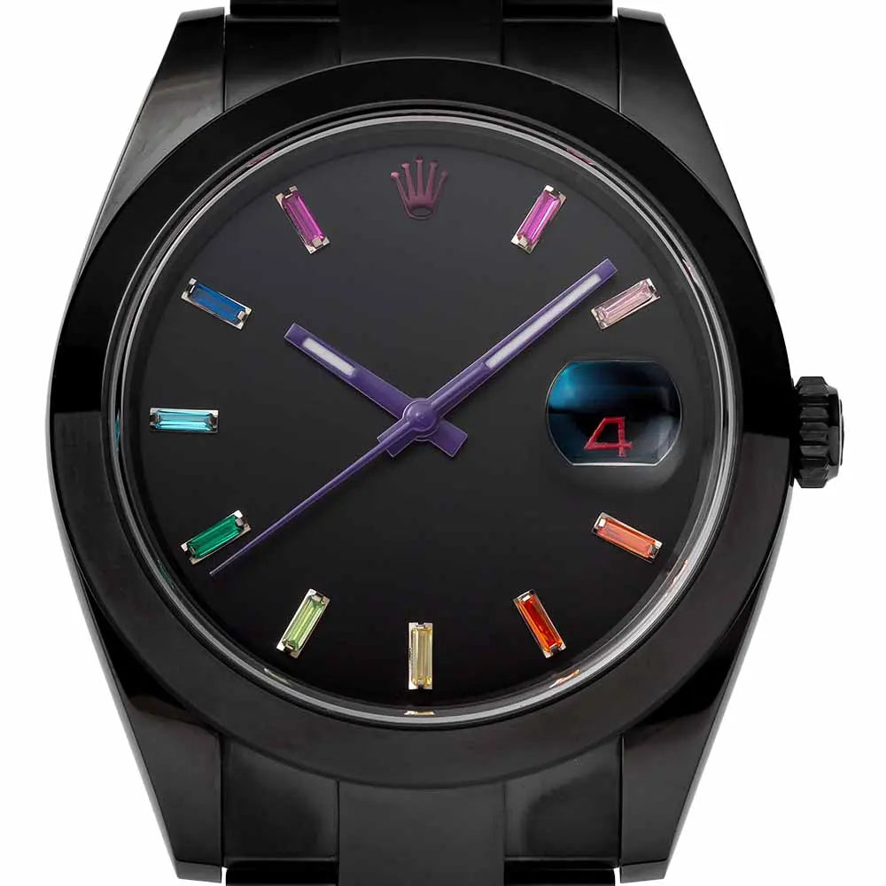 Close up of the Custom Black DLC Rolex Datejust 41 with black dial and Rainbow numerals ref. 126300