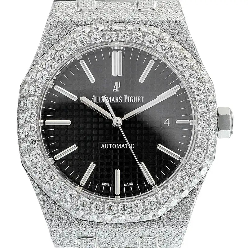 Close up of the Custom Diamond Set Audemars Piguet Royal Oak 15400ST in stainless steel with a black dial
