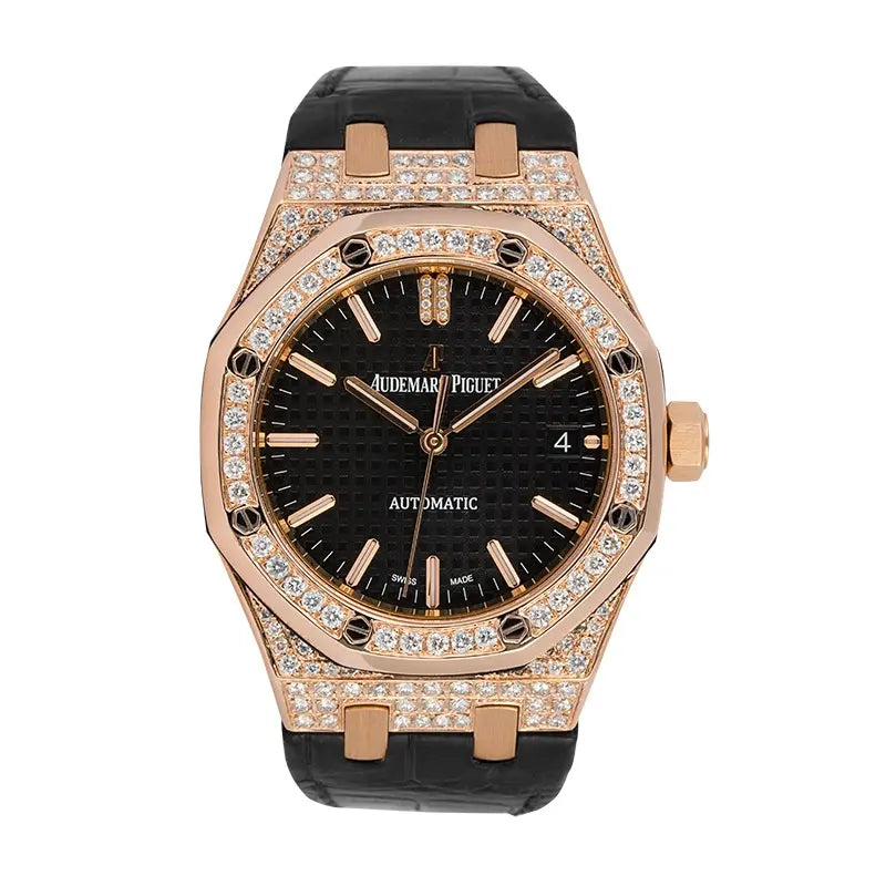 Full view - Custom Diamond Set AP Royal Oak 37mm Rose Gold Black Dial Watch