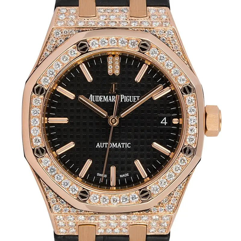 Custom Diamond Set AP Royal Oak 37mm Rose Gold Black Dial Watch