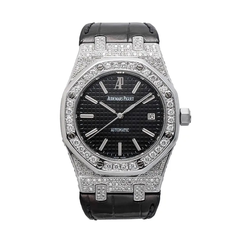Full view of the Custom diamond-set Audemars Piguet Royal Oak 15300 with black dial, diamond bezel, and black leather strap.